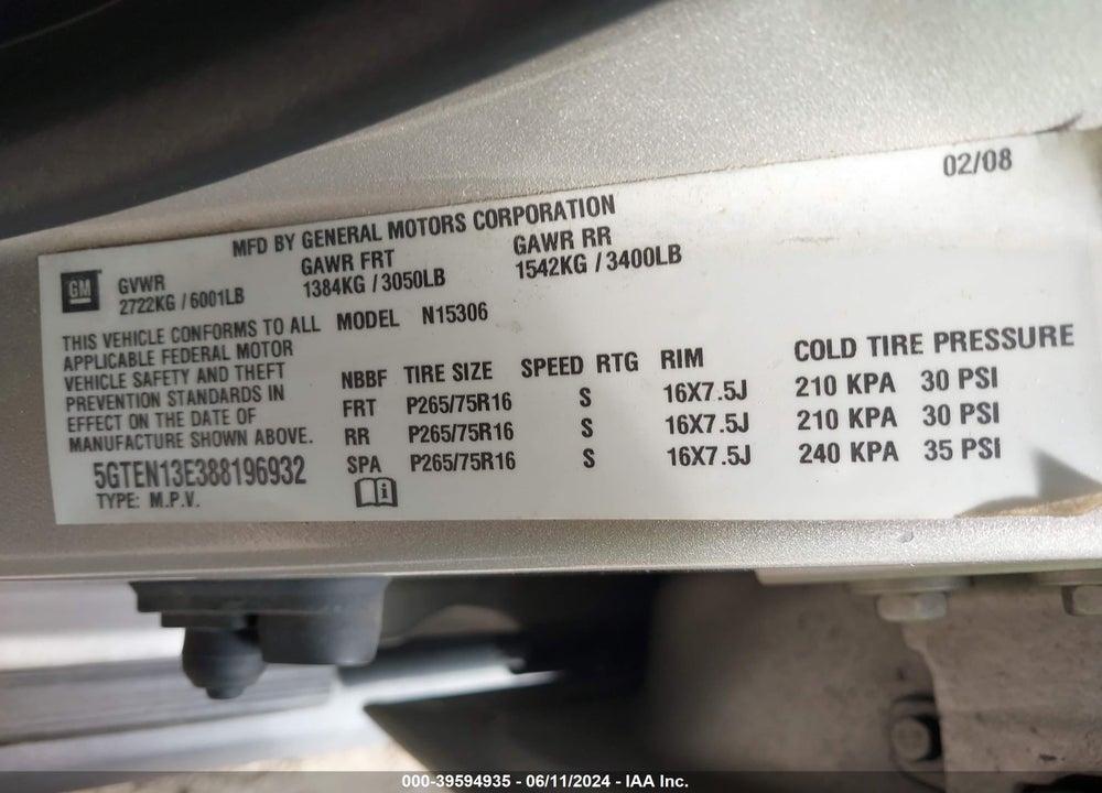 2008 HUMMER H3 SUV VIN: 5GTEN13E388196932