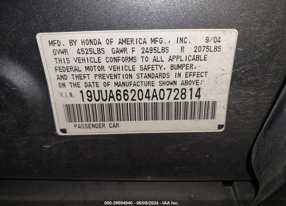 2004 ACURA TL VIN: 19UUA66204A072814