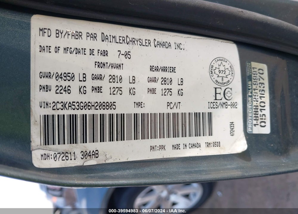 2006 CHRYSLER 300 VIN: 2C3KA53G06H208805