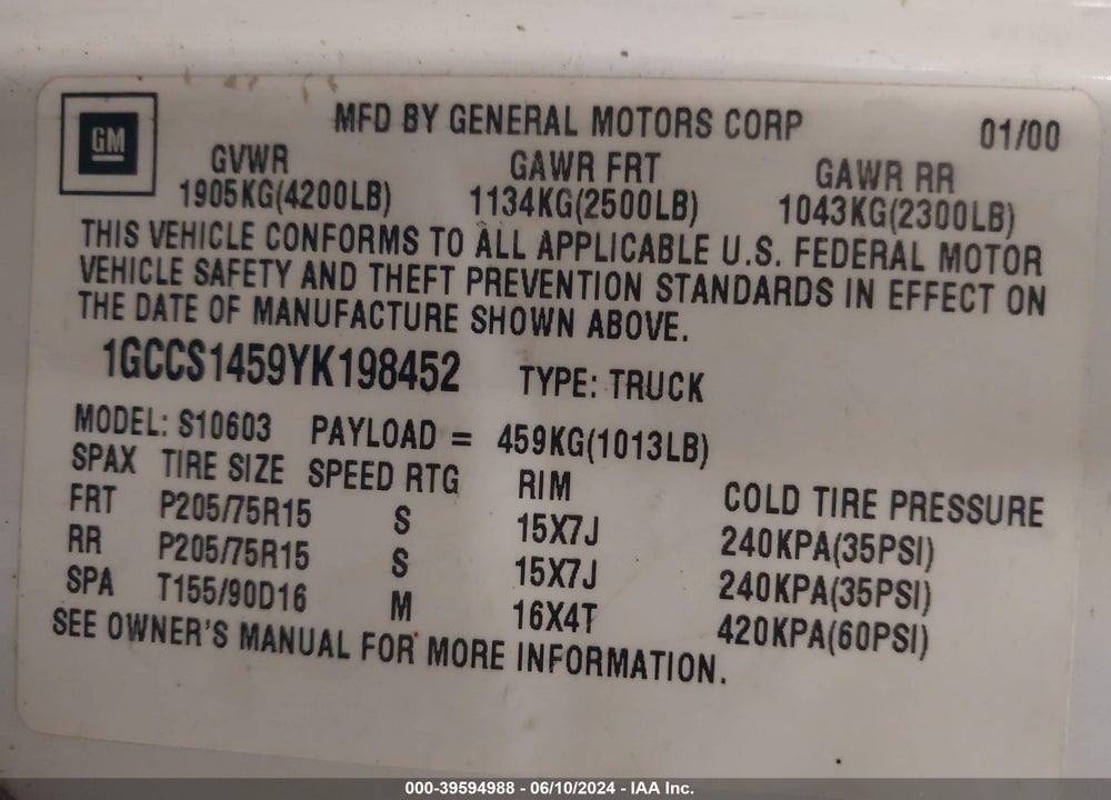 2000 CHEVROLET S-10 LS VIN: 1GCCS1459YK198452