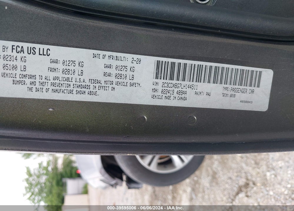 2020 DODGE CHARGER SXT RWD VIN: 2C3CDXBG7LH144511