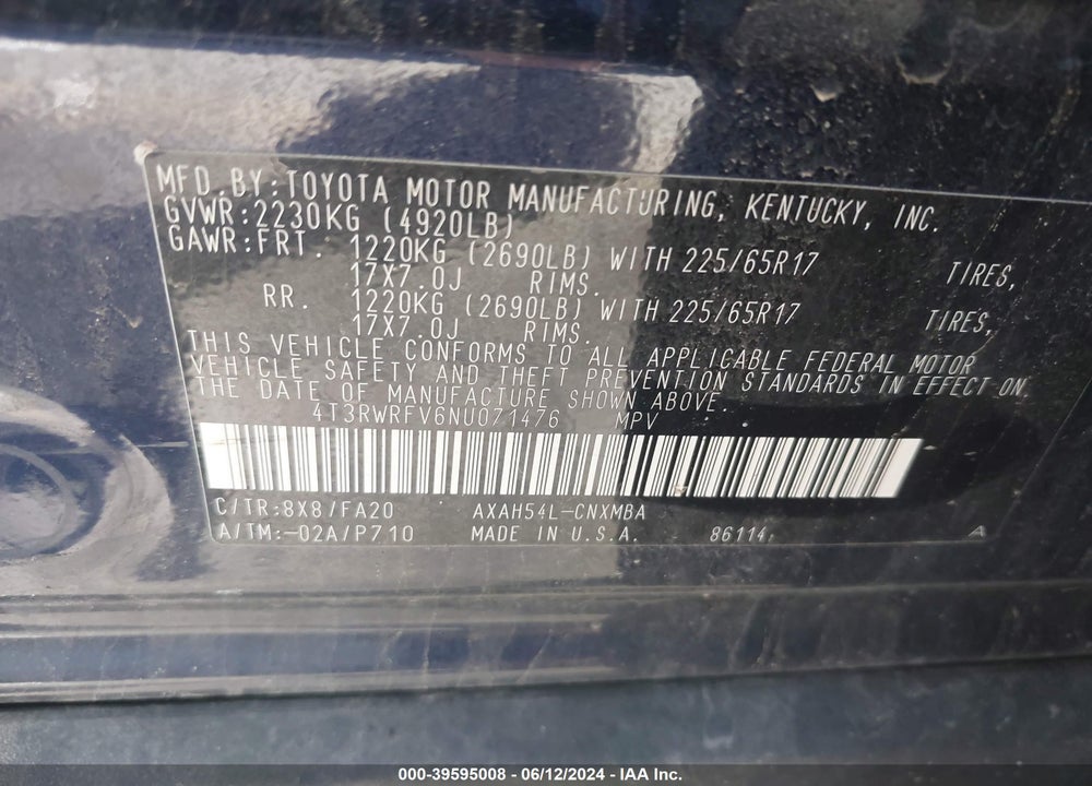 2022 TOYOTA RAV4 XLE HYBRID VIN: 4T3RWRFV6NU071476