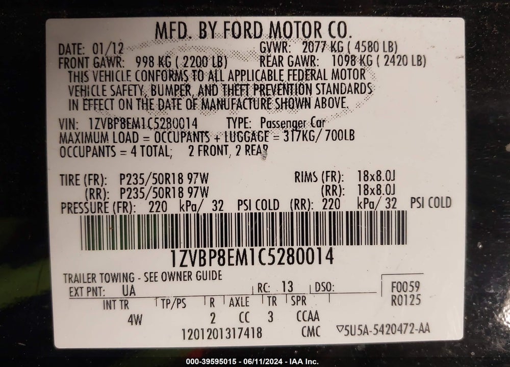 2012 FORD MUSTANG V6 PREMIUM VIN: 1ZVBP8EM1C5280014
