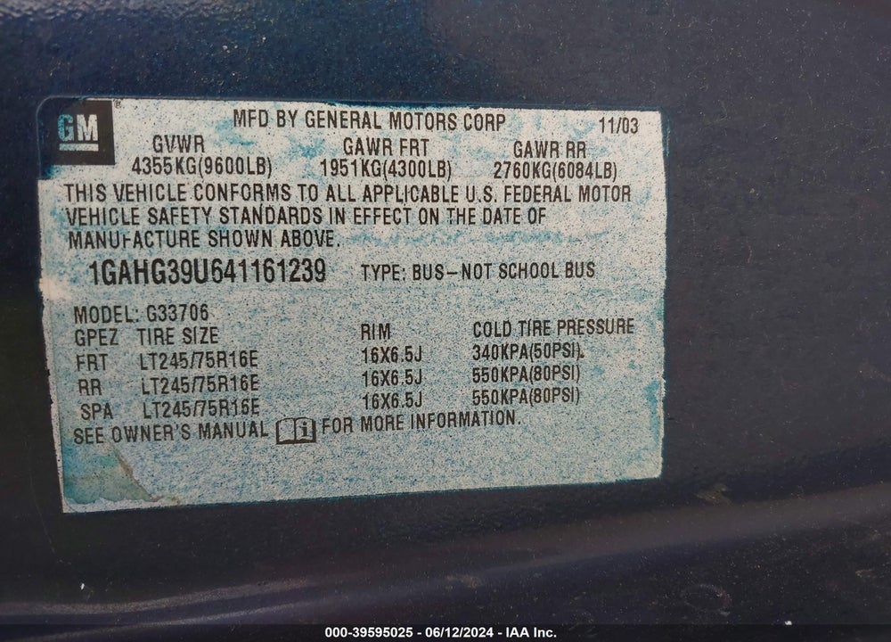 2004 CHEVROLET EXPRESS VIN: 1GAHG39U641161239