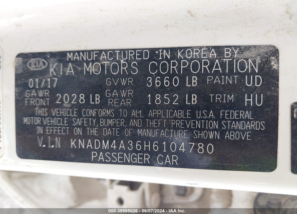 2017 KIA RIO LX VIN: KNADM4A36H6104780