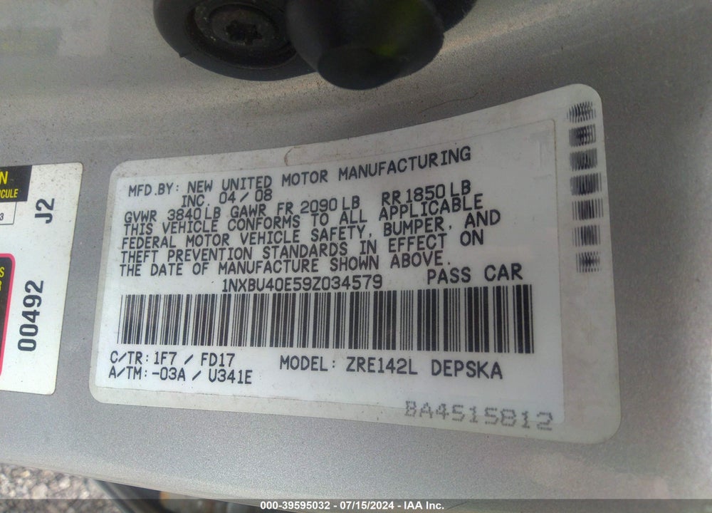 2009 TOYOTA COROLLA VIN: 1NXBU40E59Z034579