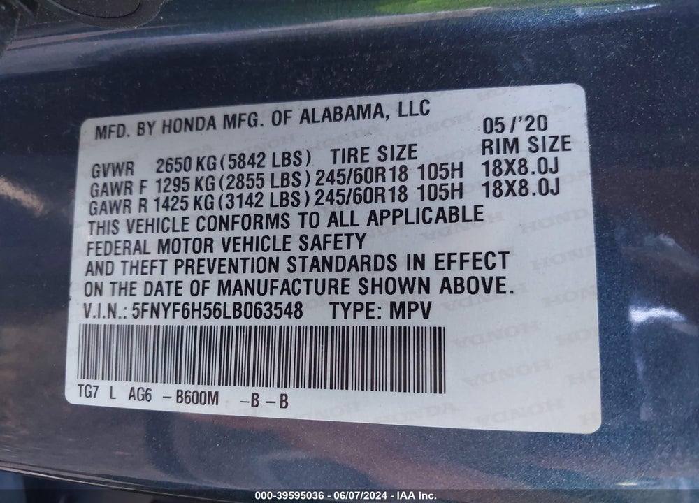 2020 HONDA PILOT VIN: 5FNYF6H56LB063548