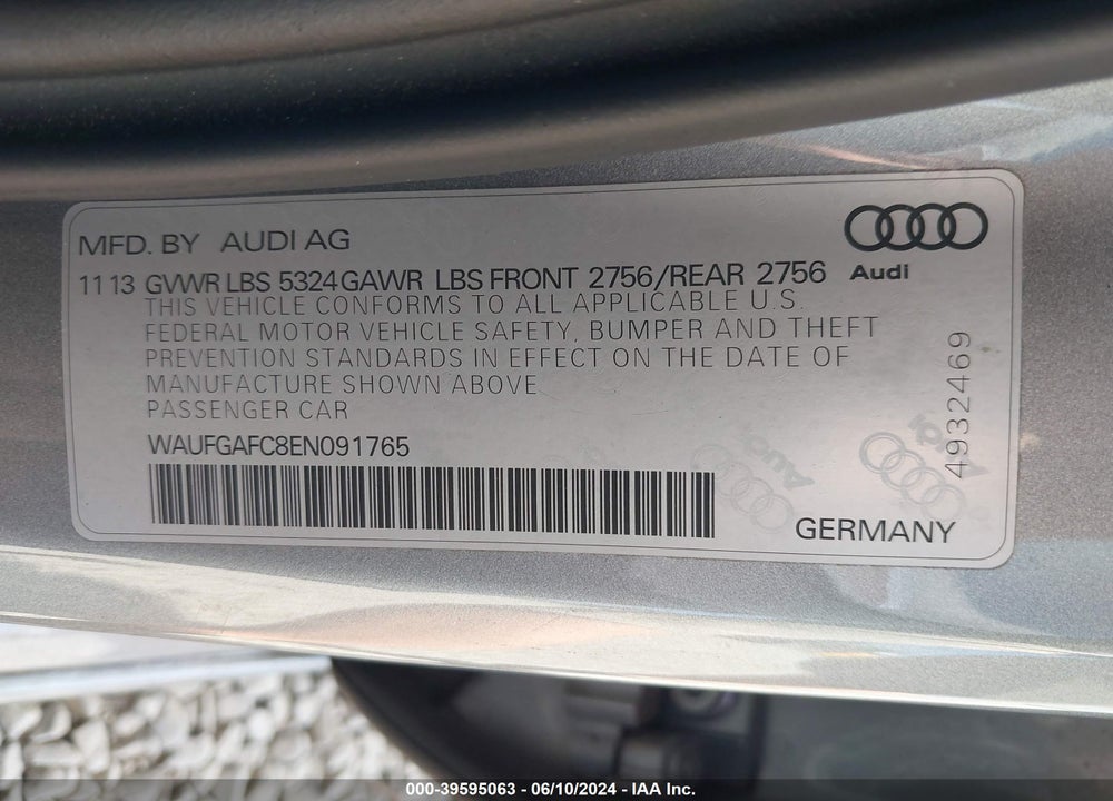 2014 AUDI A6 3.0T PREMIUM PLUS VIN: WAUFGAFC8EN091765