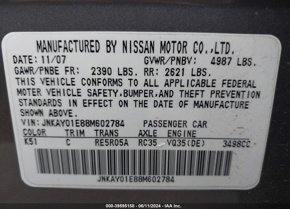 2008 INFINITI M35 VIN: JNKAY01E88M602784