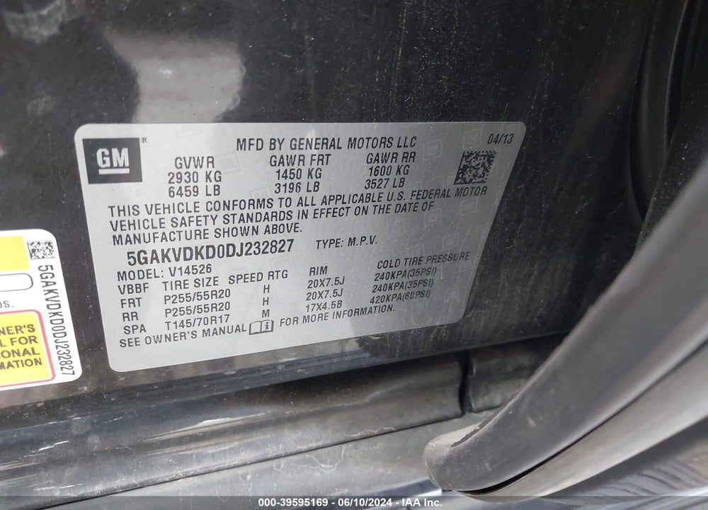 2013 BUICK ENCLAVE PREMIUM VIN: 5GAKVDKD0DJ232827