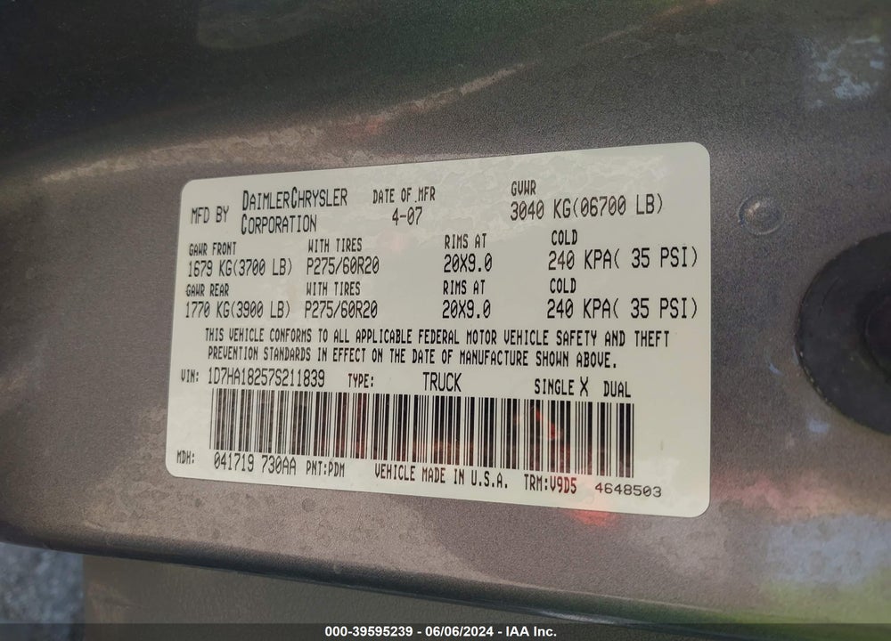 2007 DODGE RAM 1500 SLT VIN: 1D7HA18257S211839