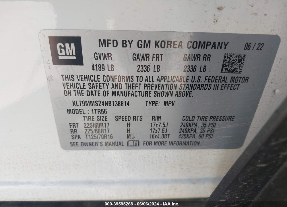 2022 CHEVROLET TRAILBLAZER FWD LS VIN: KL79MMS24NB138814