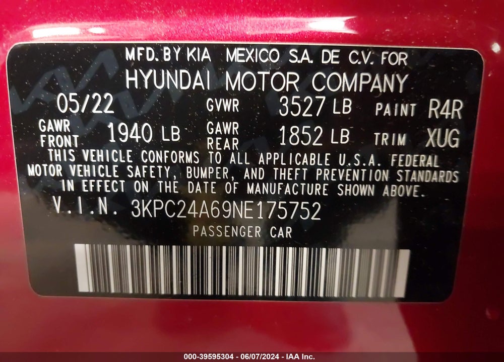 2022 HYUNDAI ACCENT SE VIN: 3KPC24A69NE175752