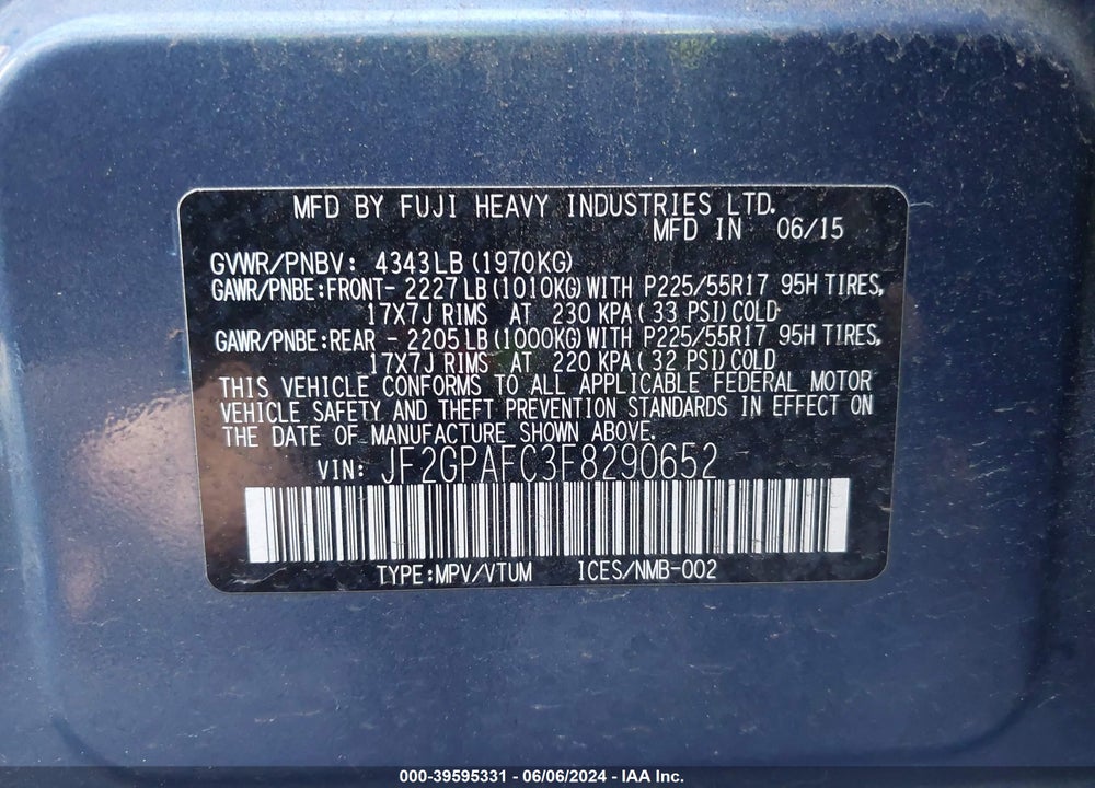 2015 SUBARU XV CROSSTREK 2.0I PREMIUM VIN: JF2GPAFC3F8290652