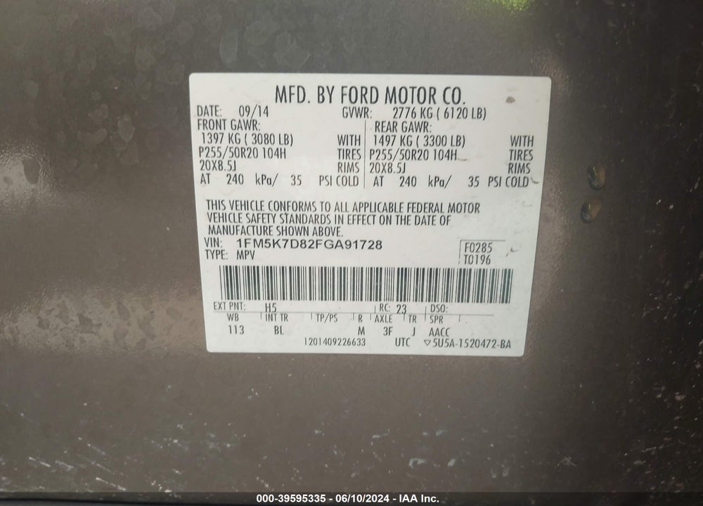 2015 FORD EXPLORER XLT VIN: 1FM5K7D82FGA91728