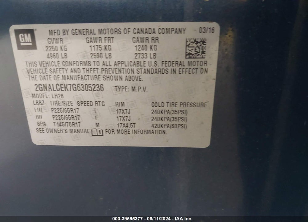 2016 CHEVROLET EQUINOX LT VIN: 2GNALCEK7G6305236
