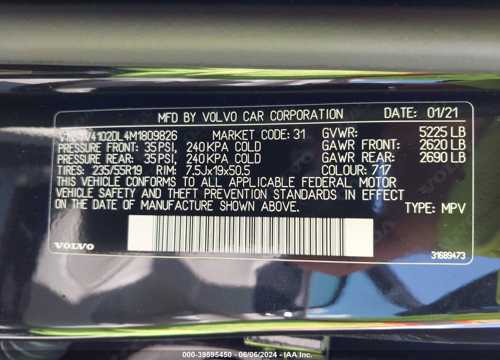 2021 VOLVO XC60 T5 INSCRIPTION VIN: YV4102DL4M1809826