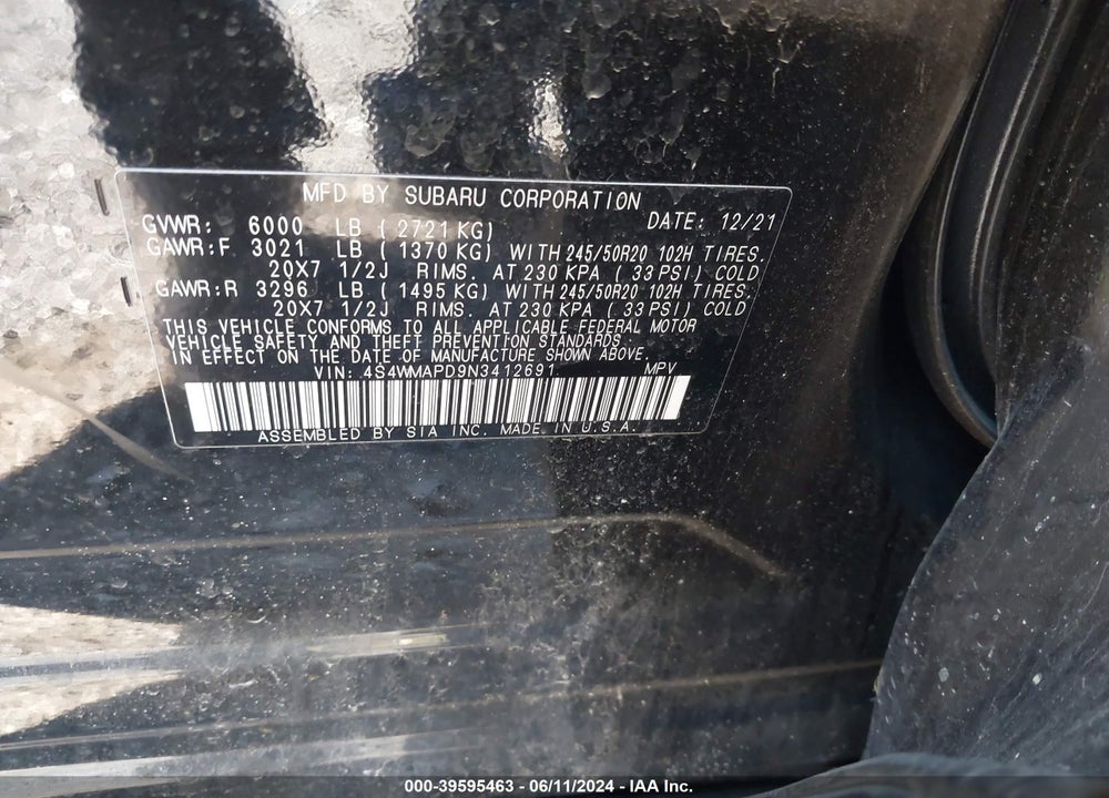 2022 SUBARU ASCENT LIMITED VIN: 4S4WMAPD9N3412691