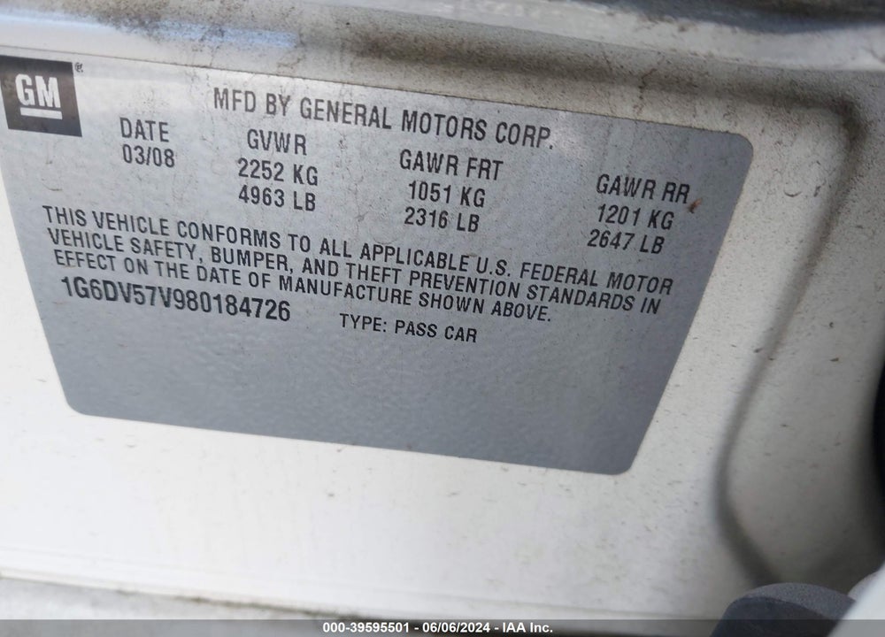 2008 CADILLAC CTS STANDARD VIN: 1G6DV57V980184726