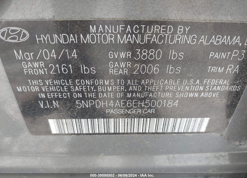 2014 HYUNDAI ELANTRA LIMITED VIN: 5NPDH4AE6EH500184