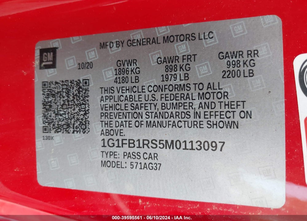 2021 CHEVROLET CAMARO RWD 1LT VIN: 1G1FB1RS5M0113097