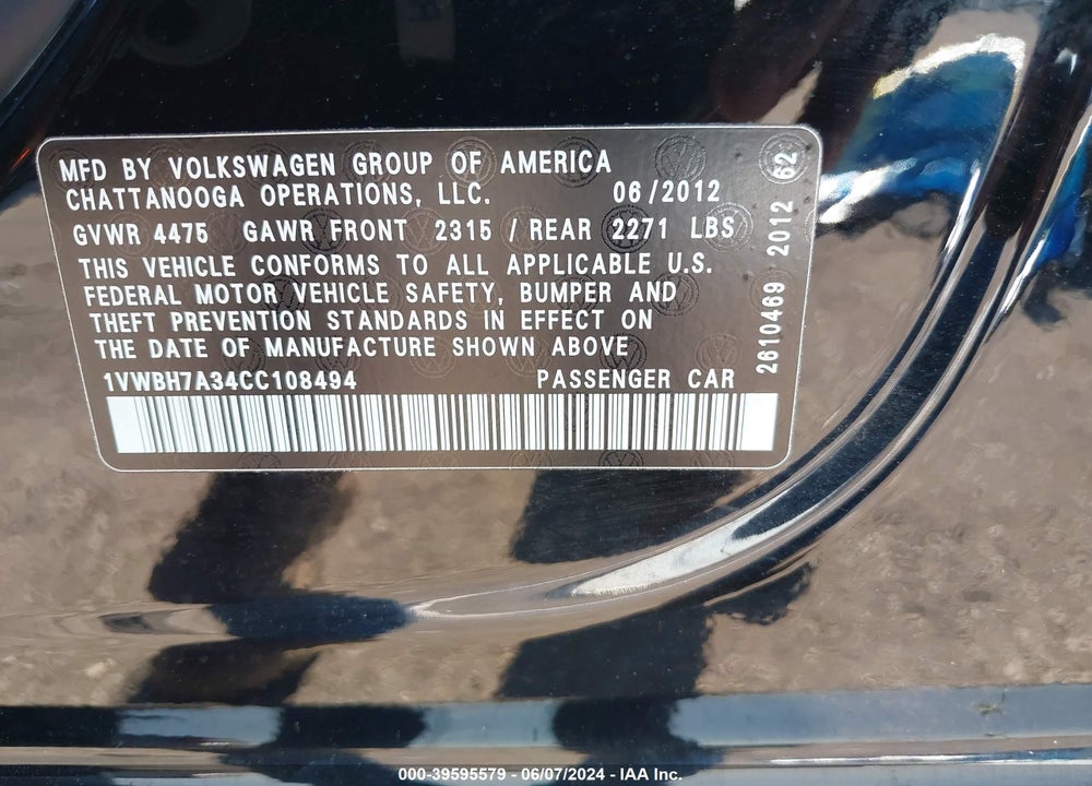 2012 VOLKSWAGEN PASSAT 2.5L SE VIN: 1VWBH7A34CC108494