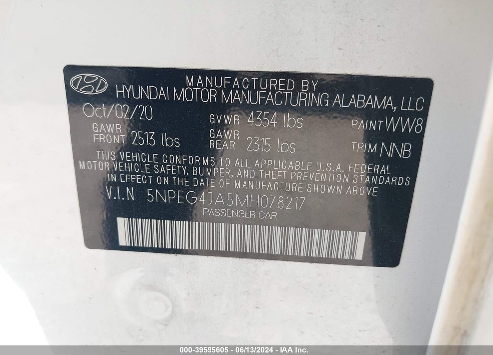 2021 HYUNDAI SONATA SE VIN: 5NPEG4JA5MH078217