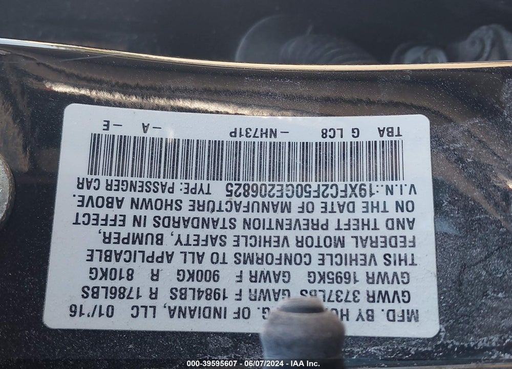 2016 HONDA CIVIC LX VIN: 19XFC2F50GE206825