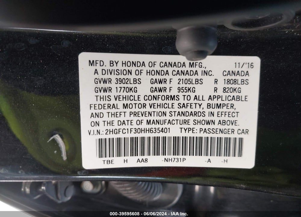 2017 HONDA CIVIC EX-T VIN: 2HGFC1F30HH635401