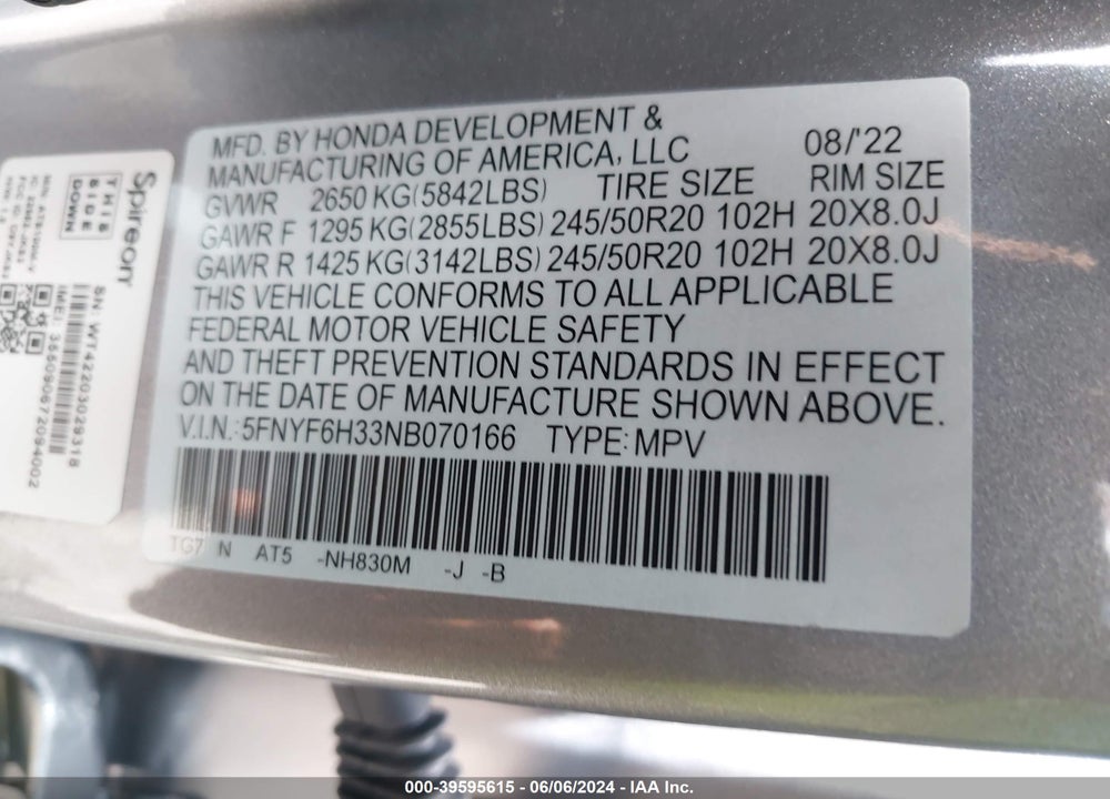 2022 HONDA PILOT AWD SPORT VIN: 5FNYF6H33NB070166