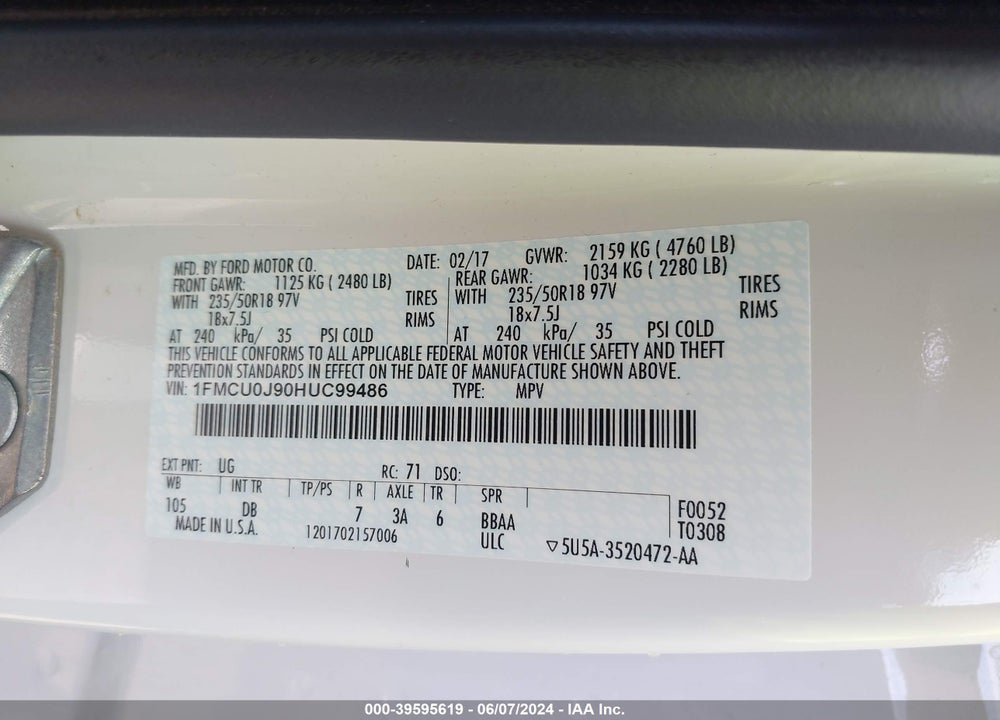2017 FORD ESCAPE TITANIUM VIN: 1FMCU0J90HUC99486