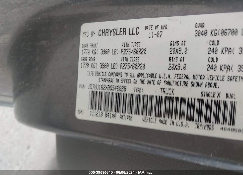 2008 DODGE RAM 1500 SLT VIN: 1D7HU182X8S542828