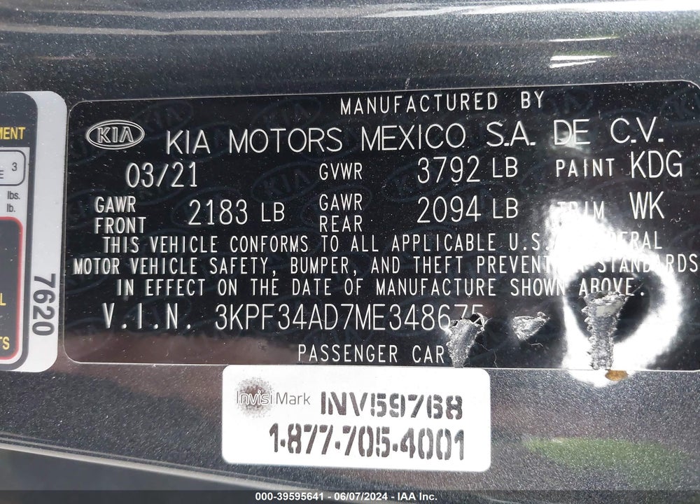 2021 KIA FORTE GT LINE VIN: 3KPF34AD7ME348675