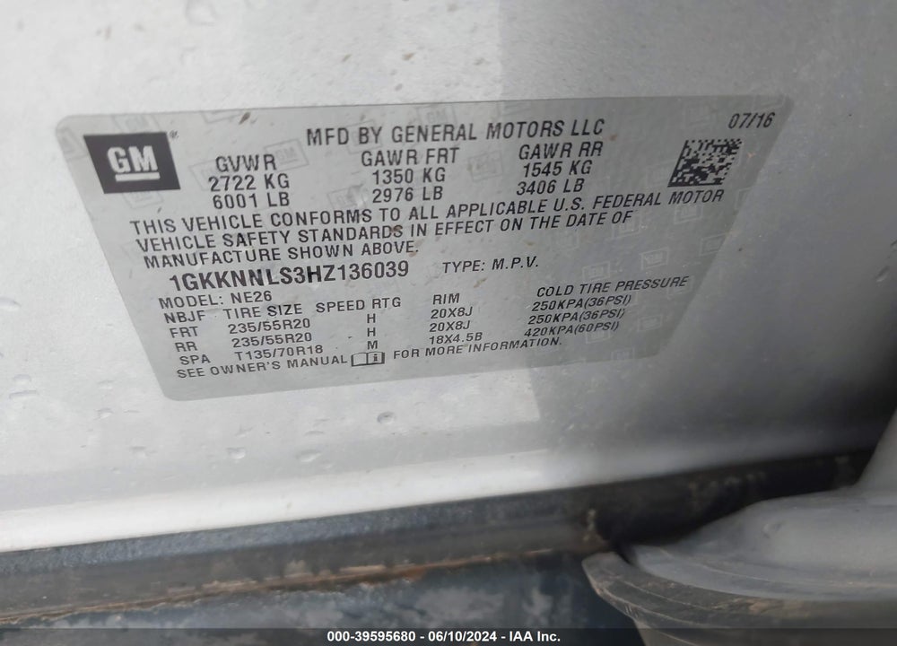 2017 GMC ACADIA SLT-2 VIN: 1GKKNNLS3HZ136039