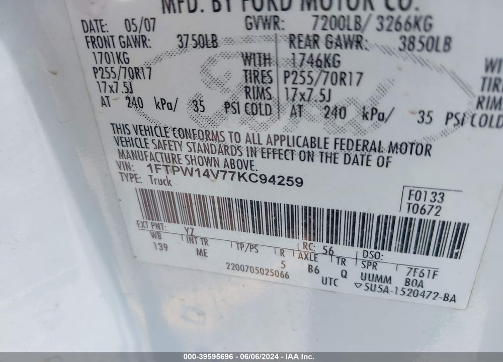 2007 FORD F-150 FX4/LARIAT/XLT VIN: 1FTPW14V77KC94259