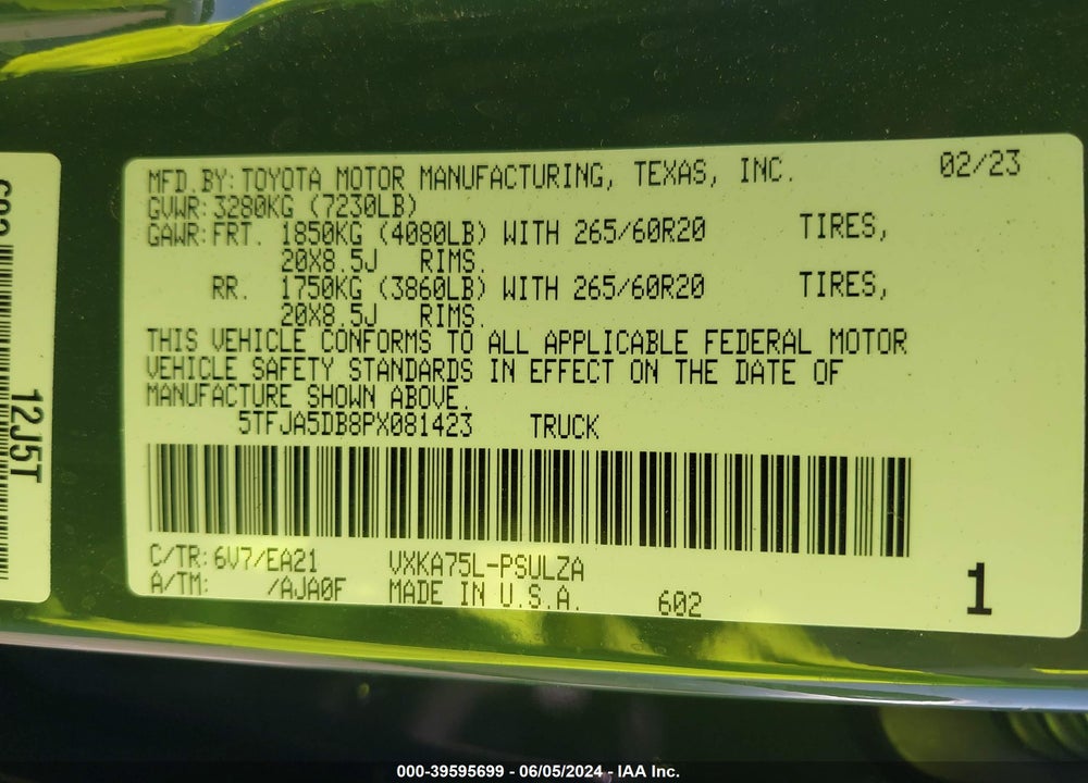 2023 TOYOTA TUNDRA LIMITED VIN: 5TFJA5DB8PX081423