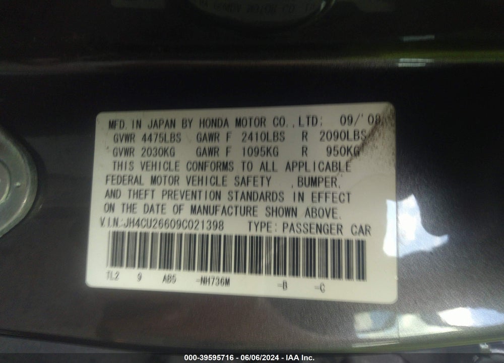 2009 ACURA TSX VIN: JH4CU26609C021398