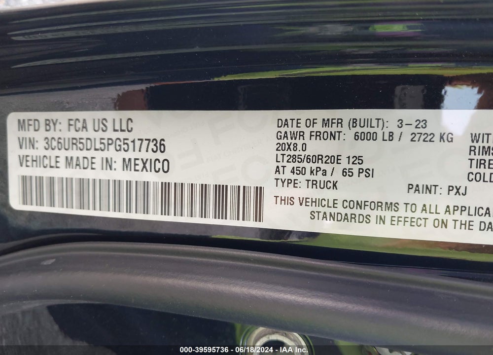 2023 RAM 2500 BIG HORN 4X4 6'4 BOX VIN: 3C6UR5DL5PG517736