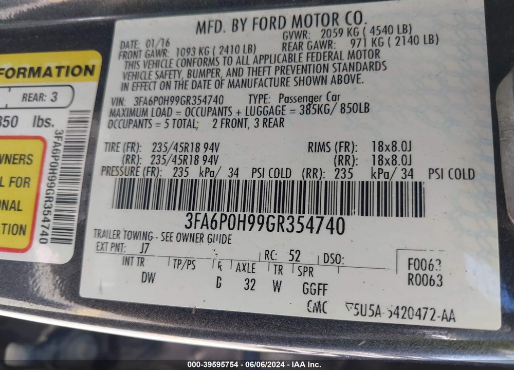2016 FORD FUSION SE VIN: 3FA6P0H99GR354740