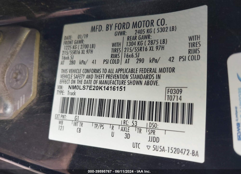 2019 FORD TRANSIT CONNECT XL VIN: NM0LS7E20K1416151