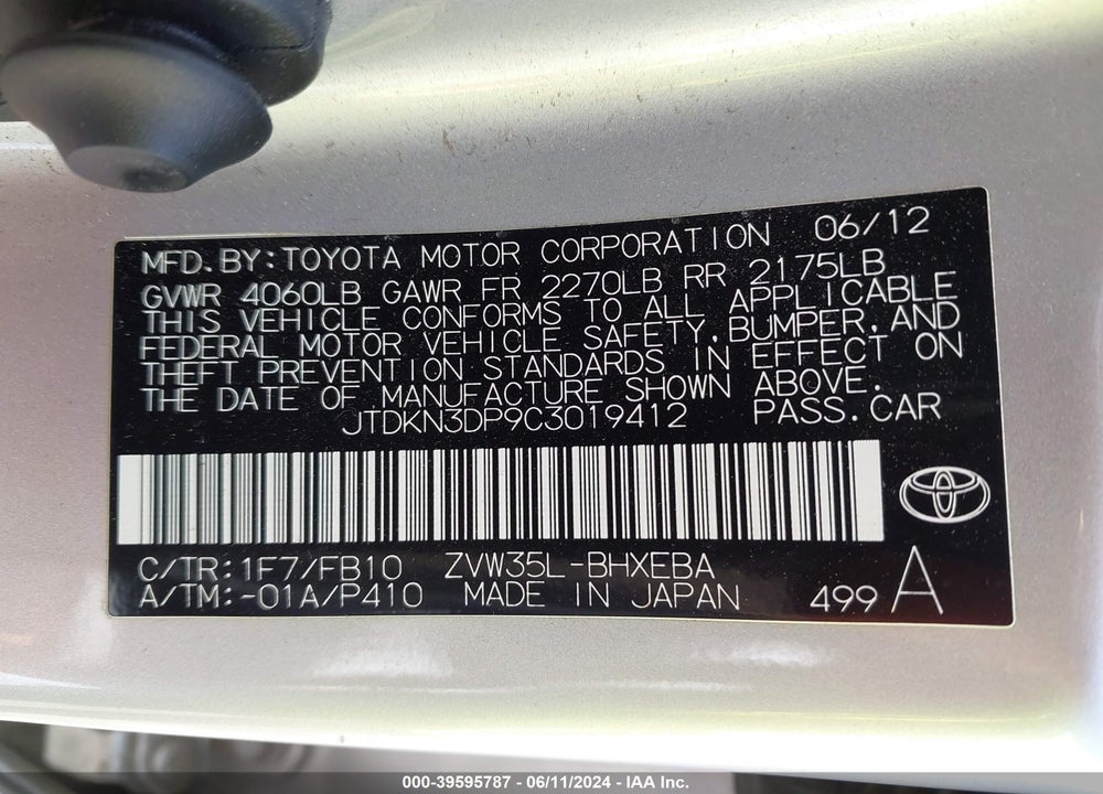 2012 TOYOTA PRIUS PLUG-IN VIN: JTDKN3DP9C3019412