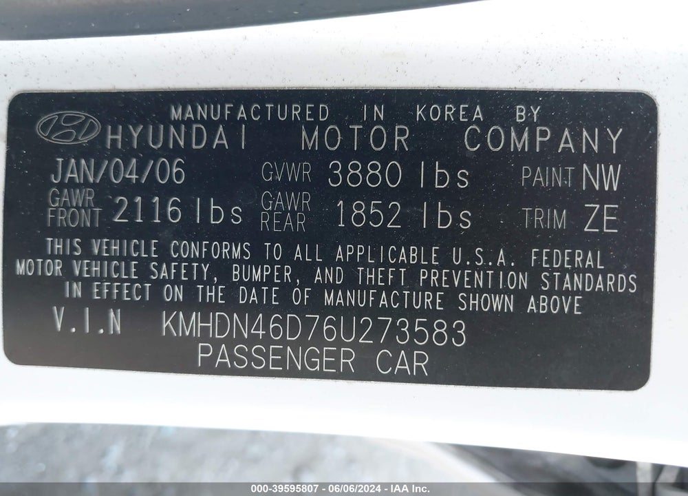 2006 HYUNDAI ELANTRA GLS/LIMITED VIN: KMHDN46D76U273583