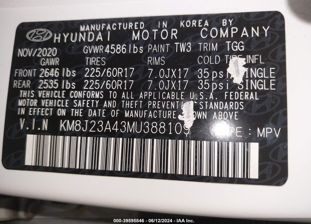 2021 HYUNDAI TUCSON SE VIN: KM8J23A43MU388109