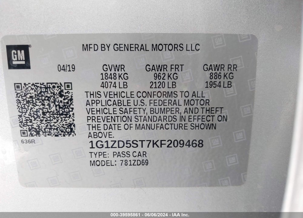 2019 CHEVROLET MALIBU LT VIN: 1G1ZD5ST7KF209468