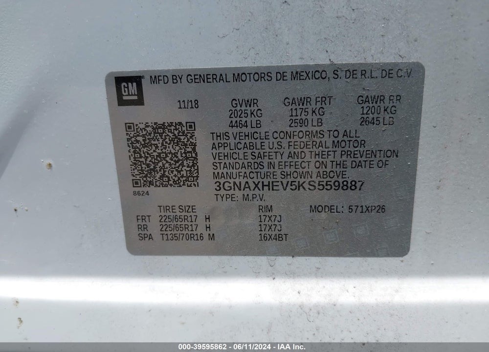 2019 CHEVROLET EQUINOX LS VIN: 3GNAXHEV5KS559887
