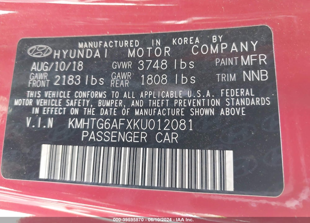 2019 HYUNDAI VELOSTER 2.0 VIN: KMHTG6AFXKU012081
