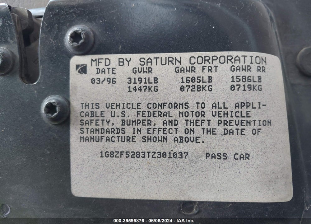 1996 SATURN SL1 VIN: 1G8ZG5288TZ280313