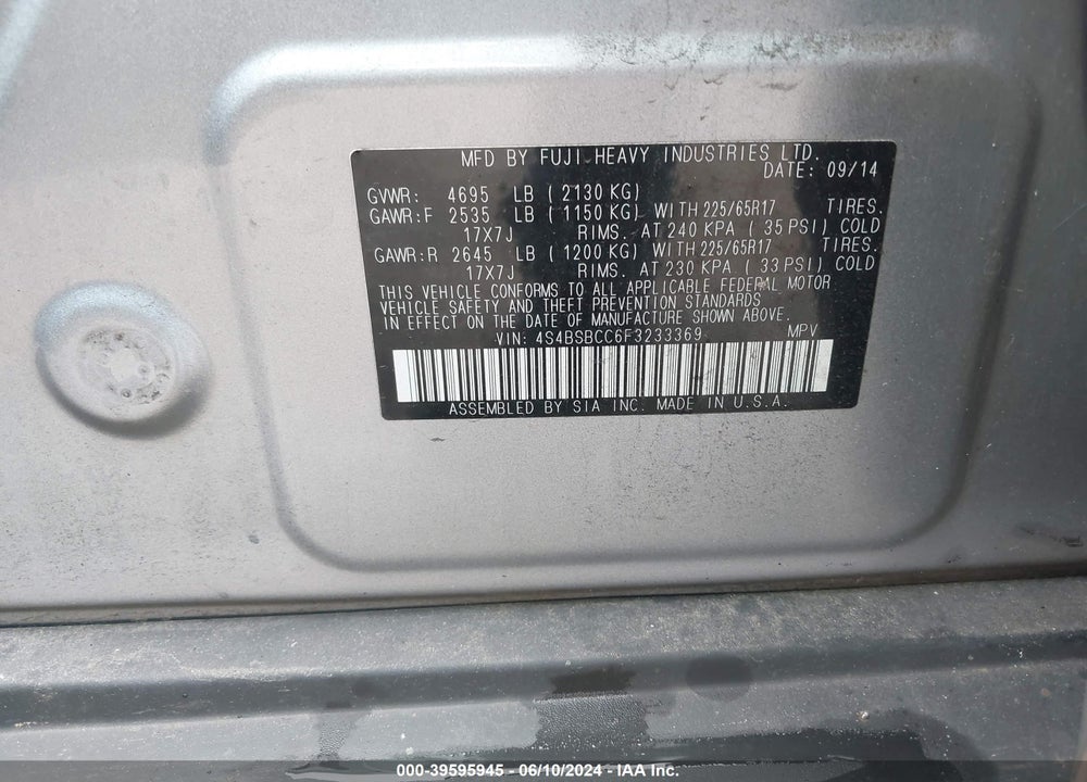 2015 SUBARU OUTBACK 2.5I PREMIUM VIN: 4S4BSBCC6F3233369