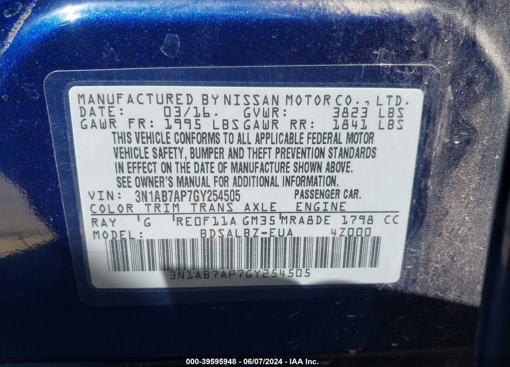 2016 NISSAN SENTRA S VIN: 3N1AB7AP7GY254505