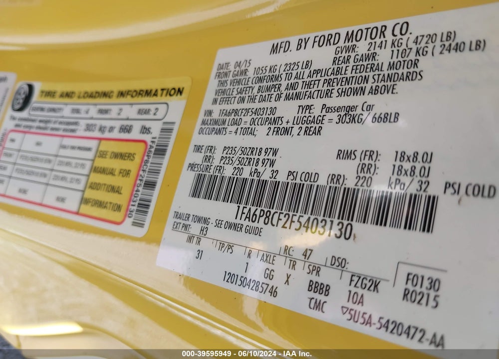 2015 FORD MUSTANG GT VIN: 1FA6P8CF2F5403130